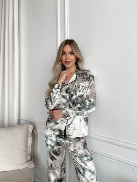 Стильна біла шовкова піжама на ґудзиках з мармуровим принтом DO3212 фото