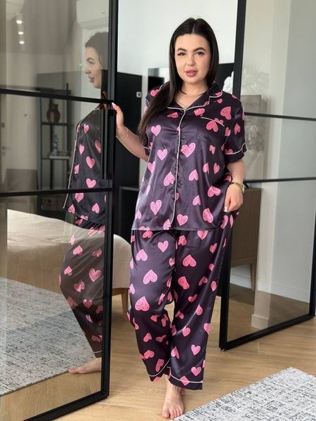 Піжама PLUS SIZE чорна у сердечко з сорочкою та штанами DO3634 фото