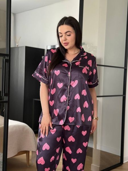Піжама PLUS SIZE чорна у сердечко з сорочкою та штанами DO3634 фото