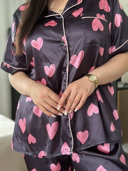 Піжама PLUS SIZE чорна у сердечко з сорочкою та штанами DO3634 фото