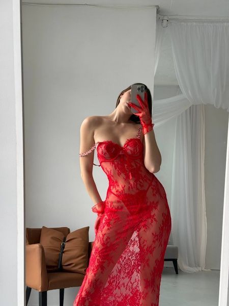 Мереживний червоний пеньюар L FEEL020 - L фото